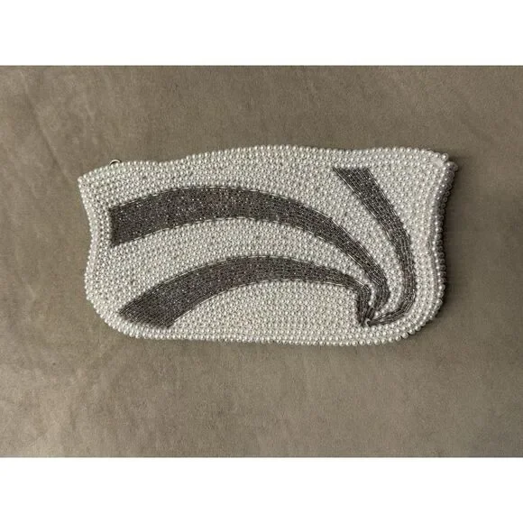 Antique Hand Beaded Pearl Evening Bag Cream Clutch w/Beaded Accents Zipper Close - Picture 2 of 11